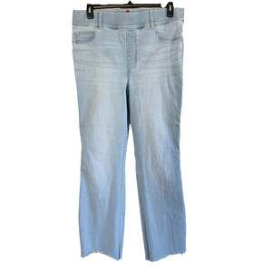 SPANX Retro Light Wash Flare Leg Pull-On Blue Jeans Size 1X Tall Raw Hem 35x30.5